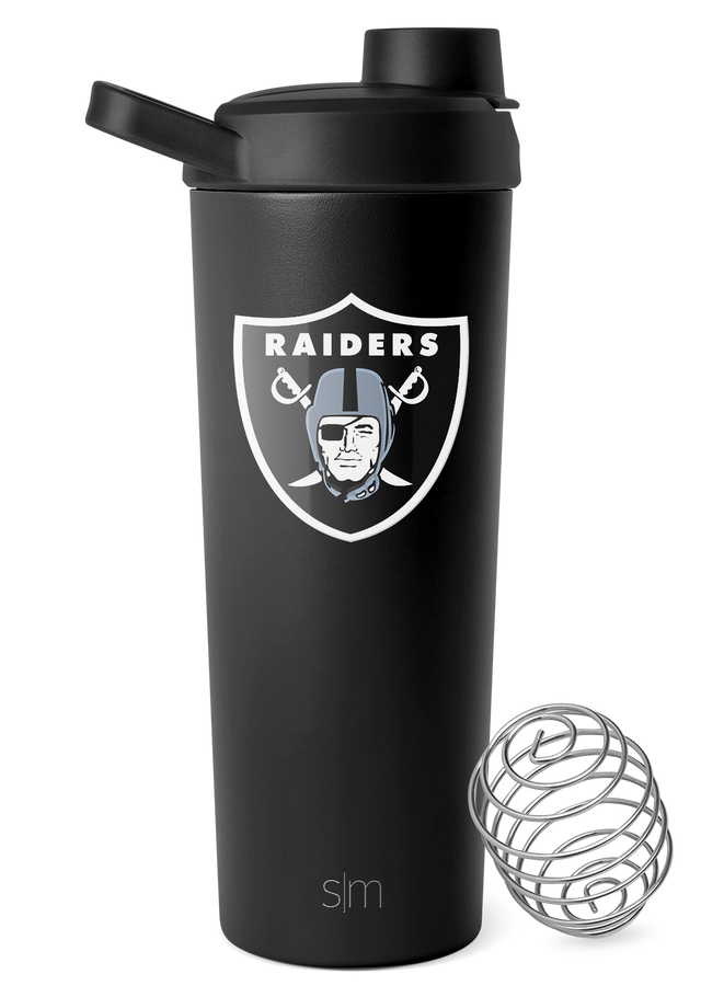 Black Raiders shaker bottle with white logo and SM branding, stainless steel accents, matte finish