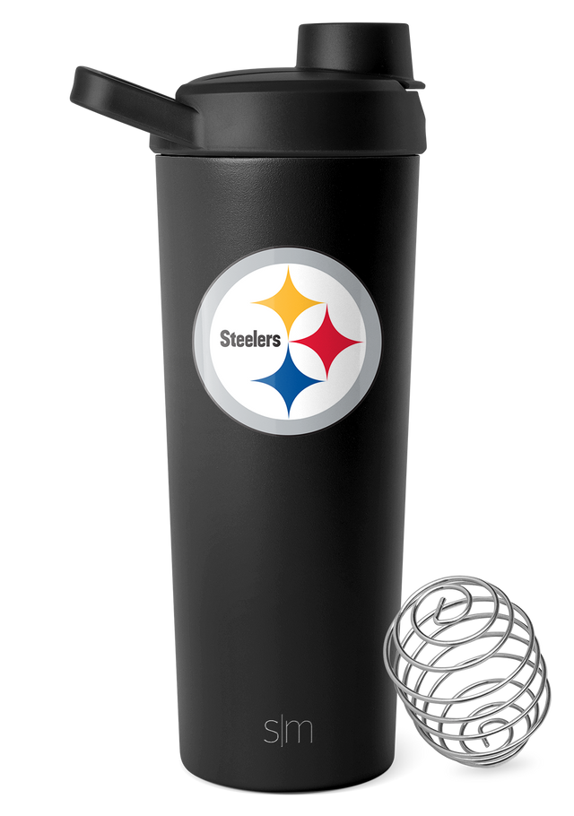 Charcoal black stainless steel tumbler with white circular badge featuring Pittsburgh Steelers logo in gold, red, and dark blue