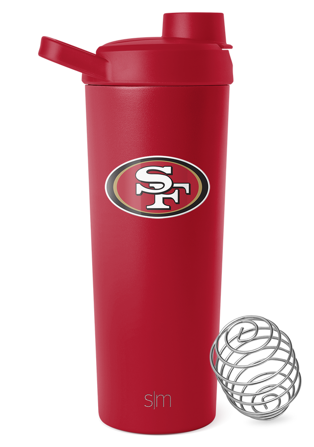 Crimson red insulated drinkware vessel with metallic silver logo and hardware accents