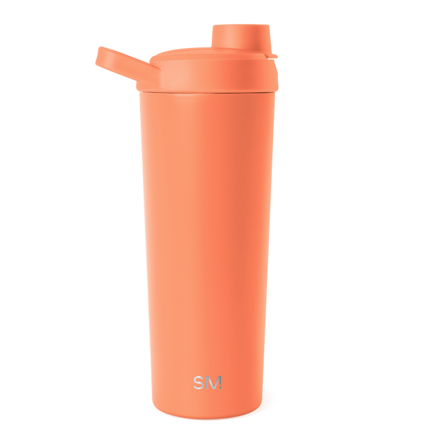 Vibrant coral-orange water bottle with matching lid against white background
