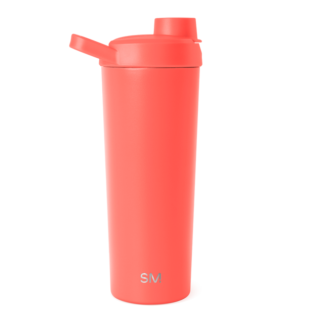 Coral-pink cylindrical water bottle with sleek modern design and tapered body on white background