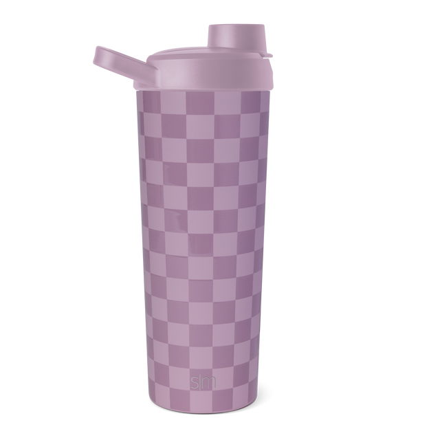 Purple checkerboard water bottle with alternating light mauve and deep mauve squares in a classic checkered pattern across the cylindrical body.