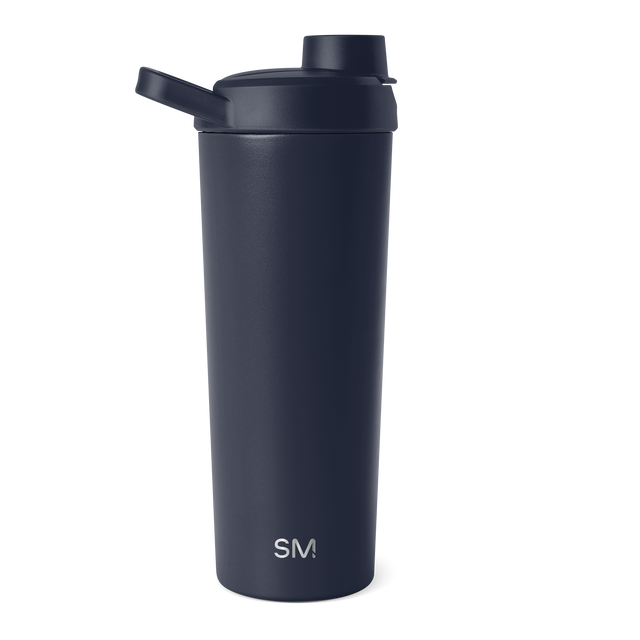 Deep navy blue cylindrical water bottle with matching cap and lid assembly