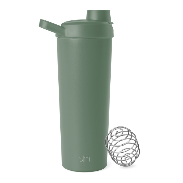 Sage green water bottle with metallic silver shaker ball accessory