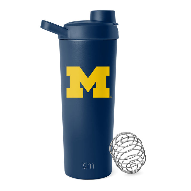 Navy blue University of Michigan shaker bottle with gold accents, featuring the school's colors and branding for sports and fitness use.