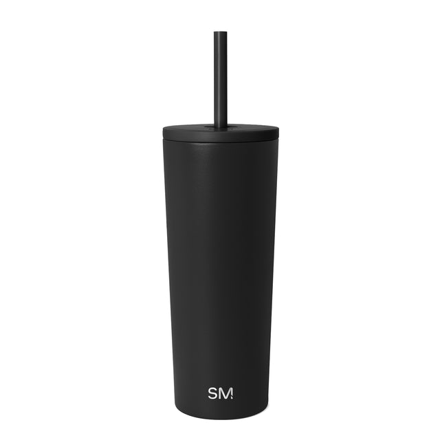 Black matte tumbler with fitted lid and integrated straw featuring Simple Modern logo, isolated on white background.