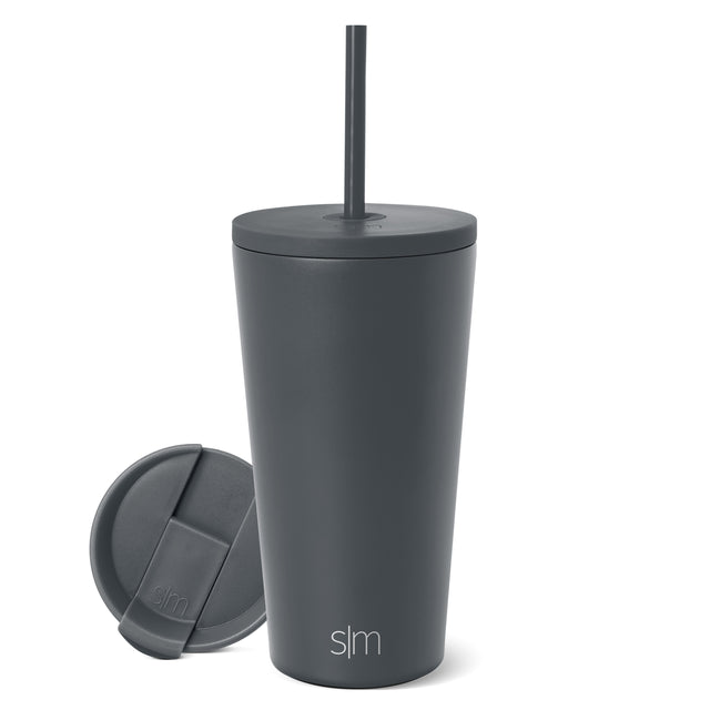 Charcoal gray tumbler with matching lid and base components on neutral background