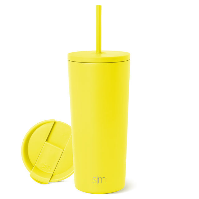 Bright canary yellow cylindrical tumbler with matching lid