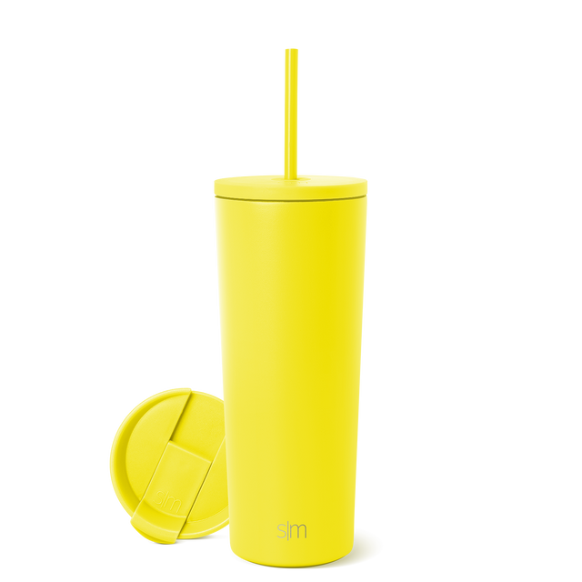 Canary yellow modern tumbler with clean lines and minimalist design, featuring a smooth cylindrical body with a flat base and lid.