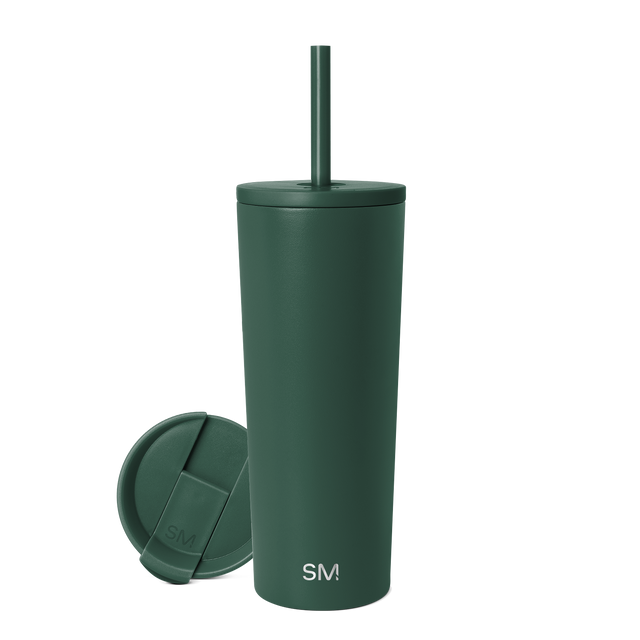 Forest green tumbler with matching lid, featuring a sophisticated muted sage tone applied uniformly across the entire drinkware set