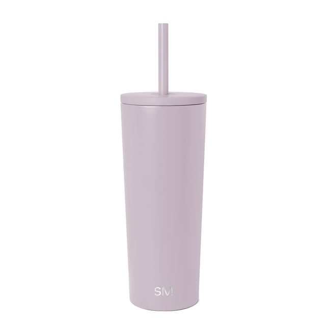 Mauve-pink cylindrical tumbler with matching lid and straw against neutral background. Simple Modern branding visible. Modern, streamlined design with clean lines.