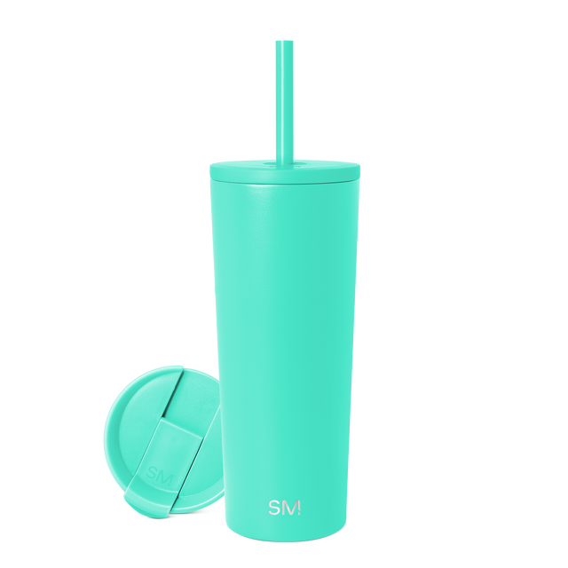 Turquoise mint green insulated tumbler with matching lid, displayed separately against white background
