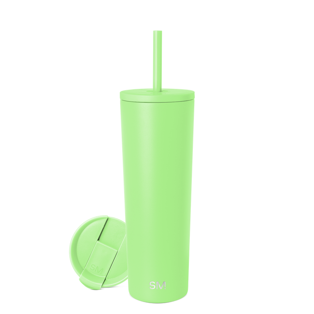 Lime green tumbler with matching lid on white background