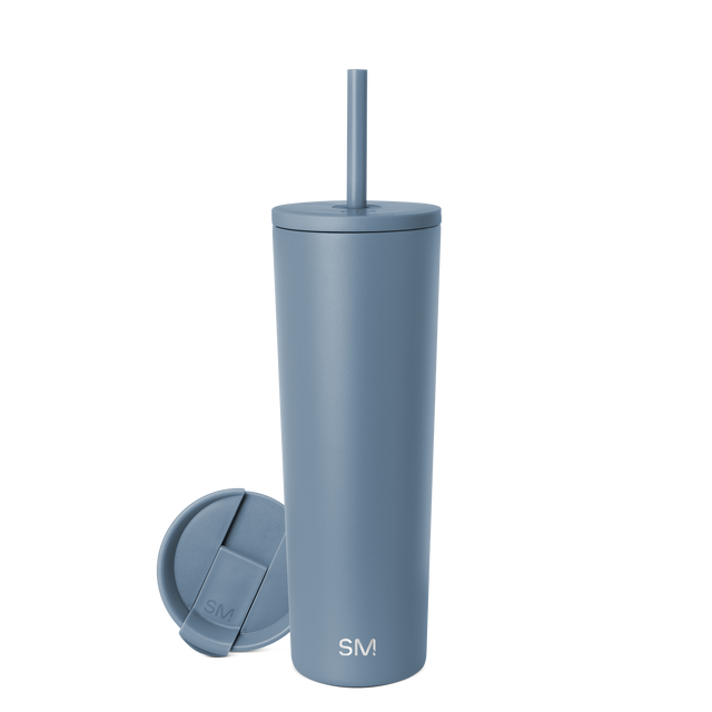 Slate blue tumbler with matching lid on white background, showing muted cool-toned color palette with dusty blue-gray finish in soft, sophisticated style.