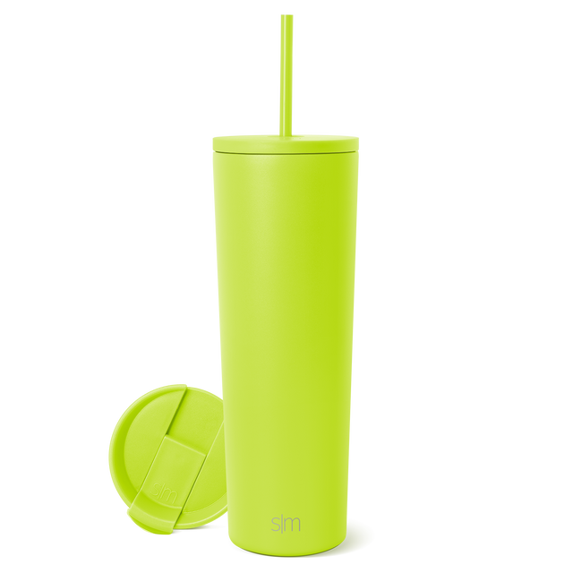 Neon lime green cylindrical tumbler with matching straw and removable lid on white background