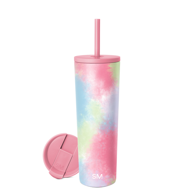 Pastel tie-dye tumbler with soft pink, light blue, pale yellow-green, and lavender blended pattern, matching pink lid and straw on white background