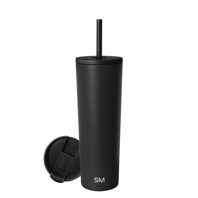 Matte black tumbler with matching black straw and lid, shown against a grayscale background.