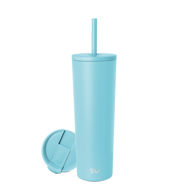 Tall cylindrical blue-green seafoam drinkware cup centered on white background