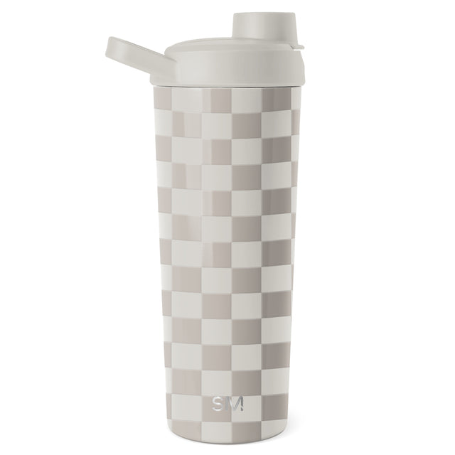 Simple modern checkerboard tumbler with soft white, warm beige, and muted taupe tones in a classic pattern design