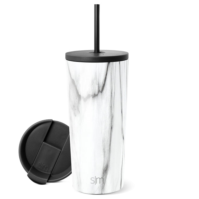Classic Tumbler by Simple Modern with white marble-patterned body, black lid and straw, shown with interchangeable black lid on white background.