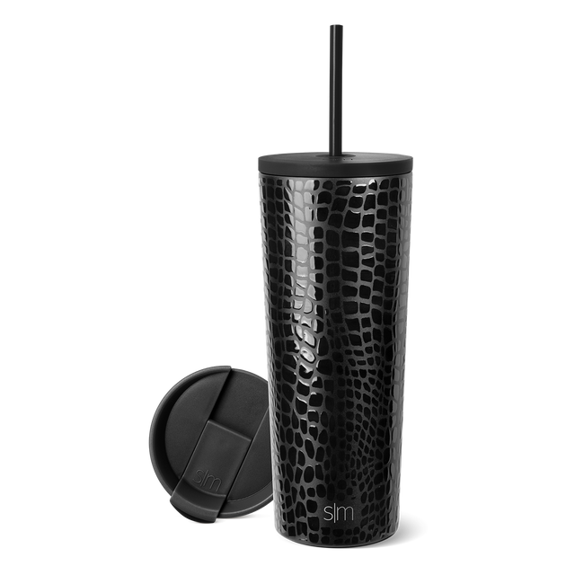 Black textured tumbler with matching lid and straw, featuring dark gray tones and dimensional surface details