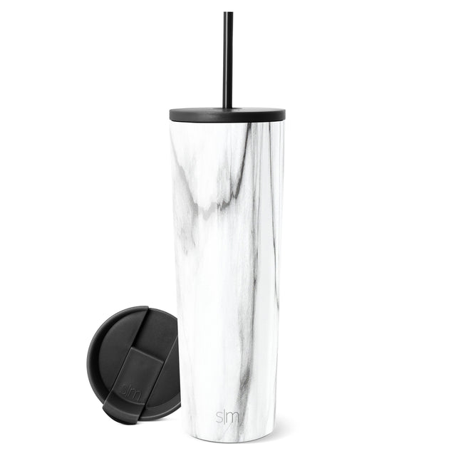 Classic Tumbler with white marble exterior, gray veining, black screw-on lid and straw, shown with alternative lid design on white background