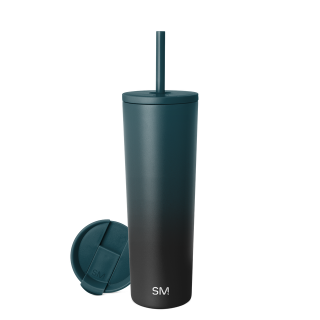 Teal to black gradient tumbler with matching teal lid and straw