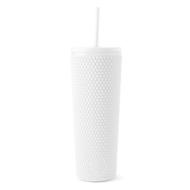 White textured tumbler with gray tone details on neutral off-white background