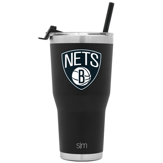 Black stainless steel tumbler with brushed metallic rim and base, featuring a white Brooklyn Nets logo