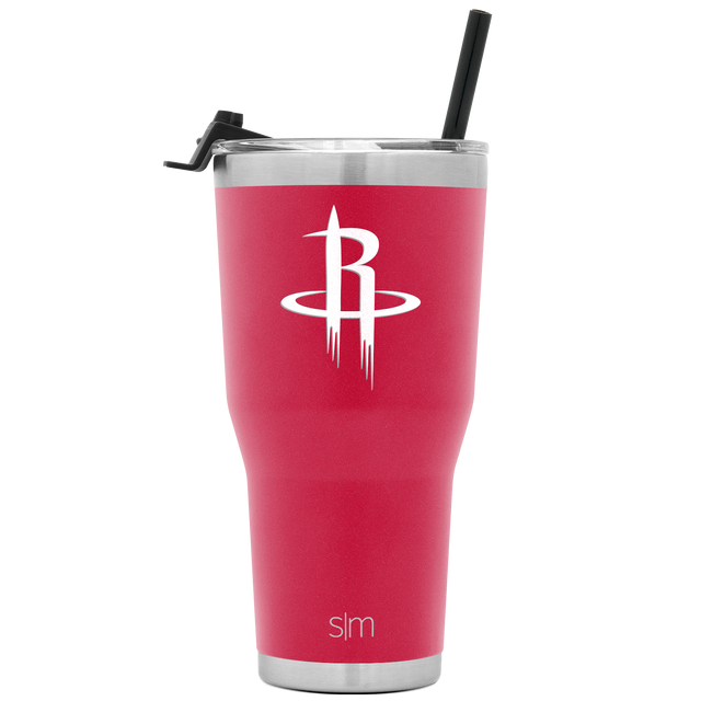 Hot pink cylindrical tumbler with brushed stainless steel rim and base, black lid, and handle.