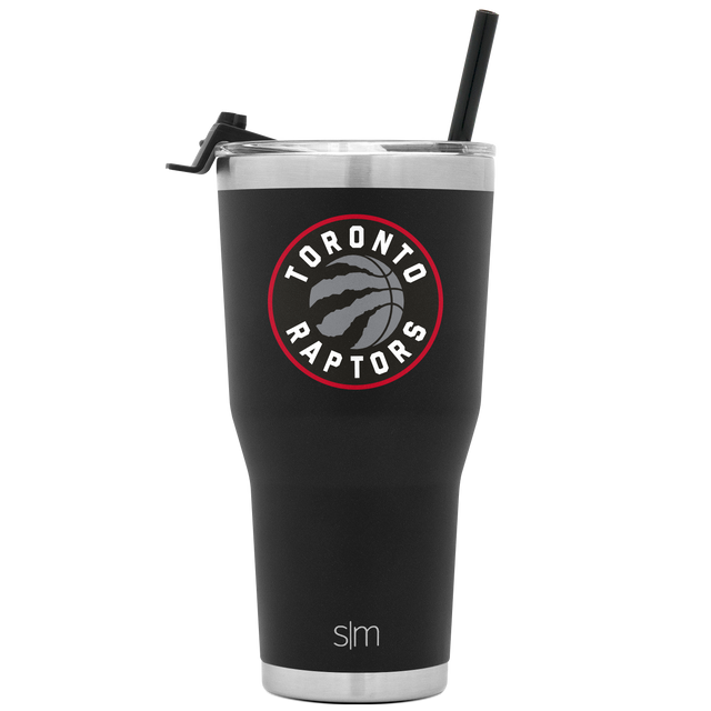 Matte black insulated tumbler with stainless steel silver rim accents at top and bottom edges, featuring a black lid.