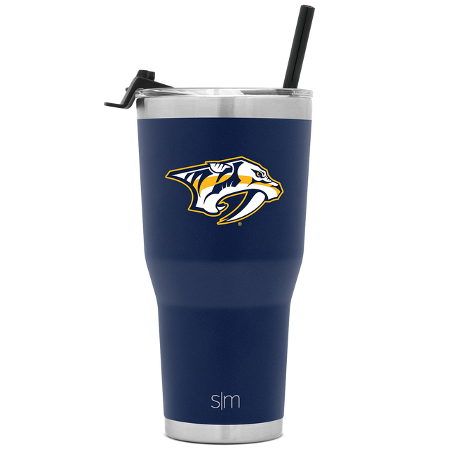 Navy blue insulated tumbler with brushed silver stainless steel bands at rim and base