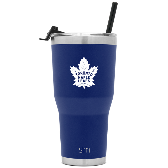 Navy blue insulated tumbler with brushed stainless steel rim and base band
