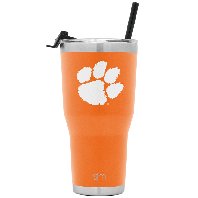 Bright orange insulated tumbler with brushed stainless steel bands on top and bottom