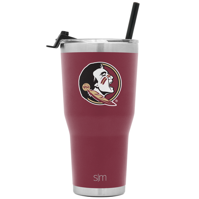 Burgundy wine-red tumbler with silver metallic rim and base, black straw, and multicolored logo in white, black, and gold accents.