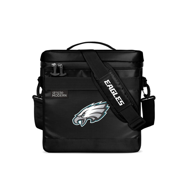 Black Simple Modern insulated lunch bag and cooler with white, silver, and teal-blue accents displayed against a white background.