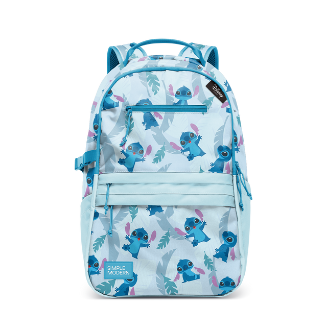 Light blue backpack with teal blue characters and leaf motifs, accented with dusty purple details.
