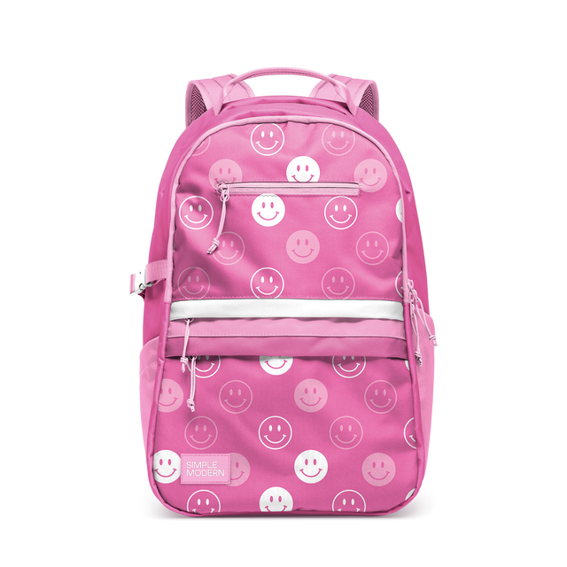 Hot pink backpack with white and light pink accents, padded shoulder straps, and mesh side panels for ventilation