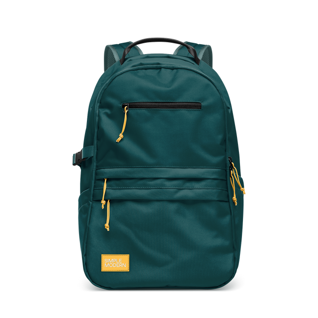 Teal backpack with golden yellow zipper pulls and drawstring cords