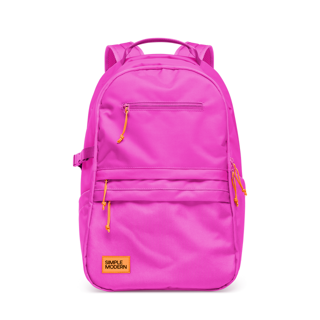 Hot pink backpack with golden yellow and orange zipper pulls and cord details