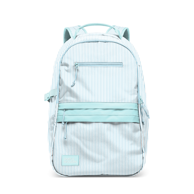 Light blue and white striped backpack with vertical pattern and solid light blue accents, size medium