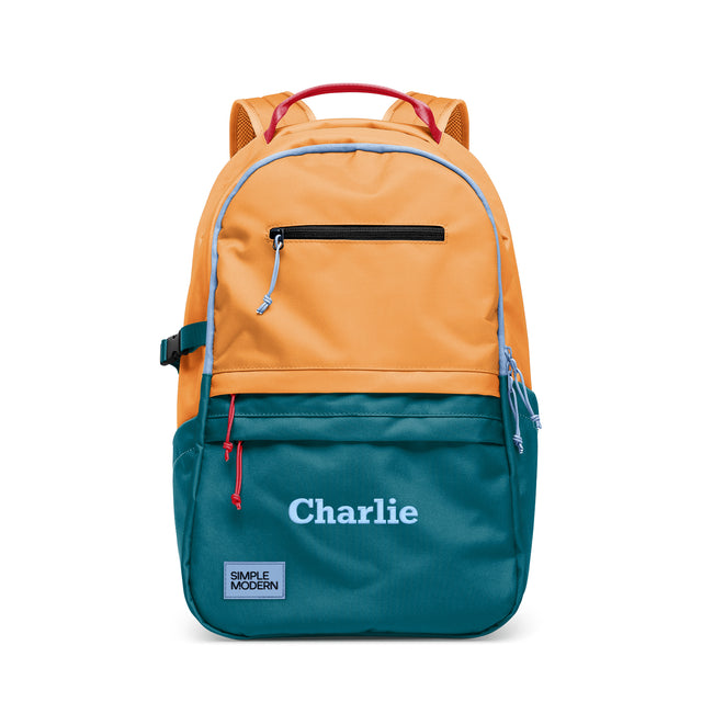 Orange and teal colorblock children's backpack with 