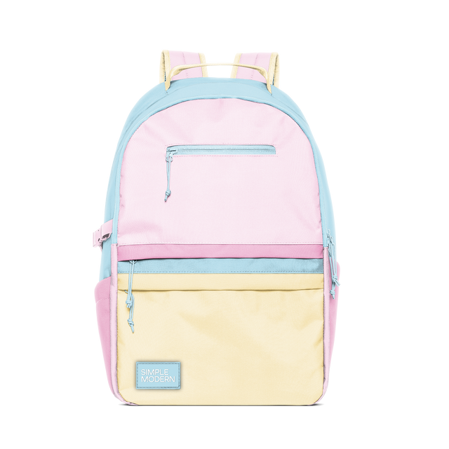 Soft pastel color-blocked backpack with horizontal sections in light pink, light blue, pale yellow, and additional colors, featuring a modern striped design.