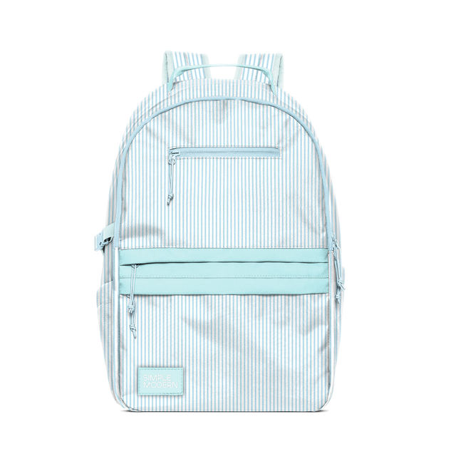 Pale blue and white striped backpack with vertical pinstripes and solid complementary accents, featuring a clean, airy design.