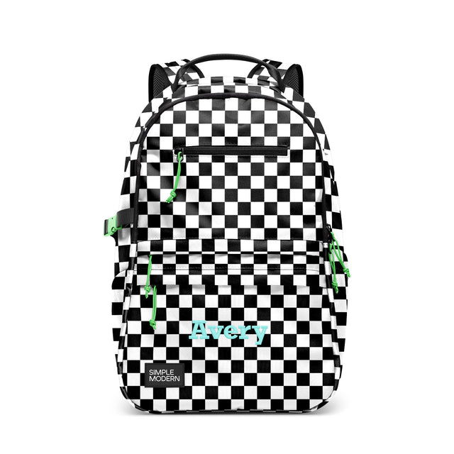 Black and white checkerboard backpack with neon green zipper pulls and handles, padded shoulder straps, turquoise 