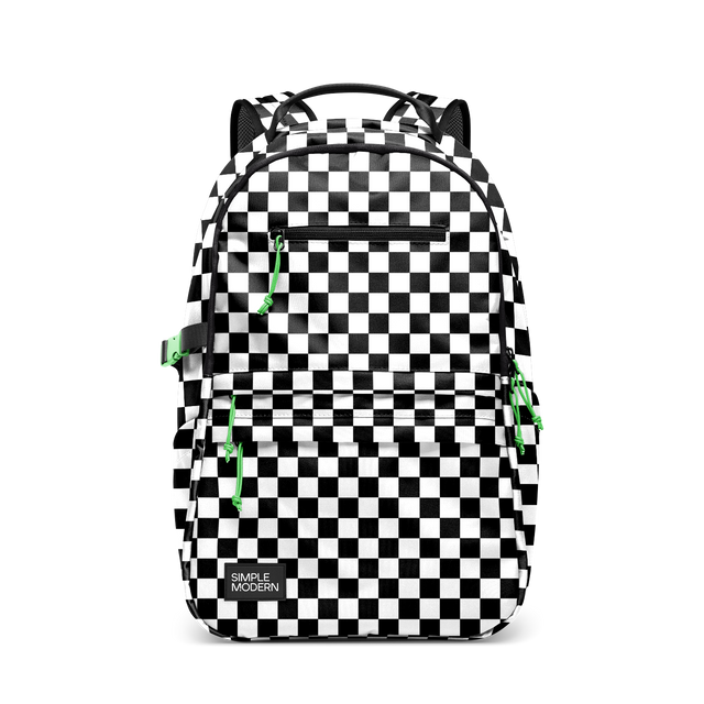 Black and white checkered backpack with alternating squares distributed evenly across the entire fabric surface.