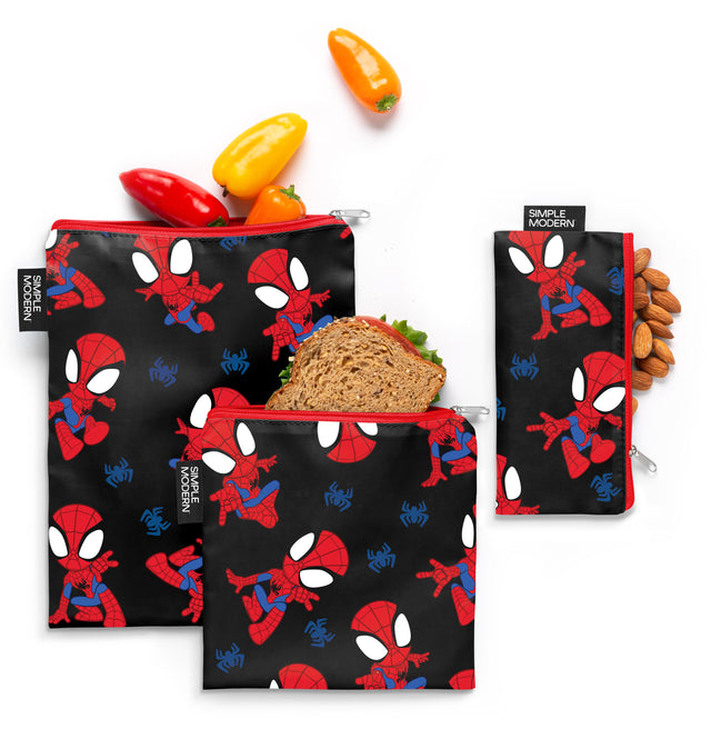 Spider-Man food storage bags with jet black background and red, yellow accent colors featuring Marvel character design