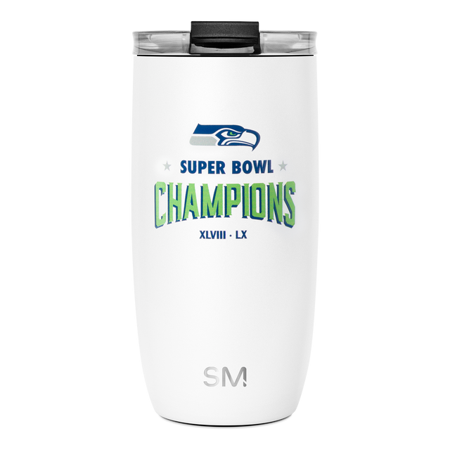 White insulated tumbler with black lid featuring Seattle Seahawks logo in navy blue and steel gray on white background
