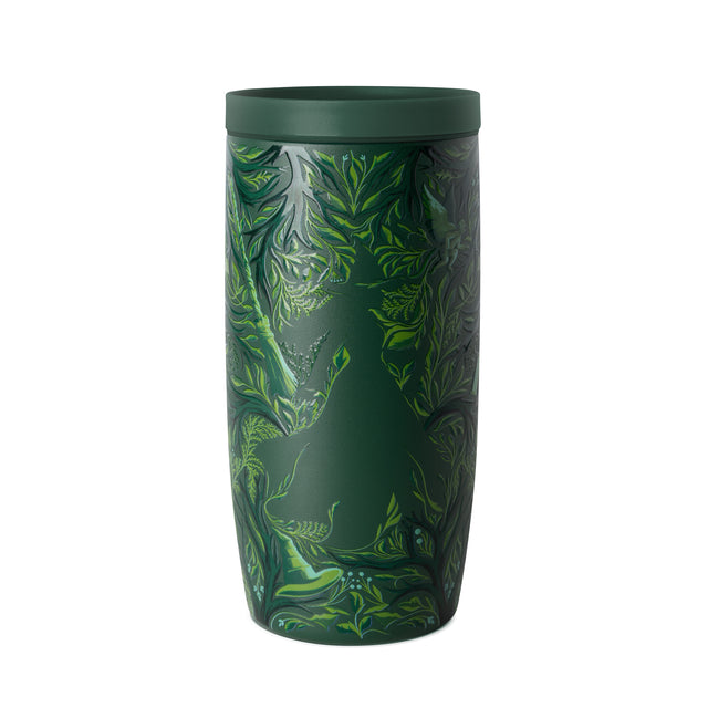 Deep forest green tumbler with intricate botanical pattern in lime and sage green overlay, 360-degree design, universal fit, EFL model, medium size