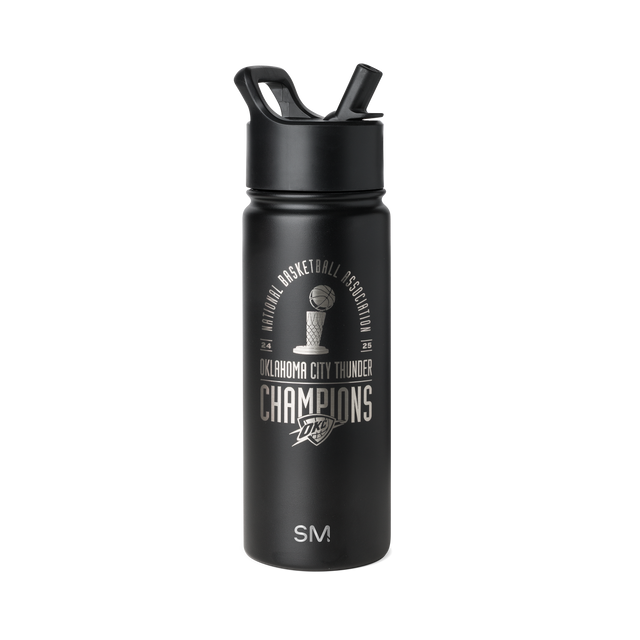 Matte black water bottle with cylindrical body on white background